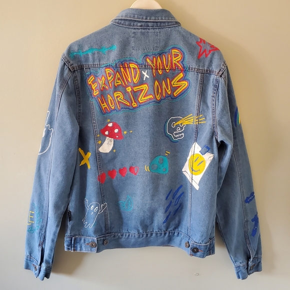 Brooklyn Clothing M Indie Sleeze 90s Grunge Flames Rainbow Unisex Jean Jacket - Picture 8 of 11